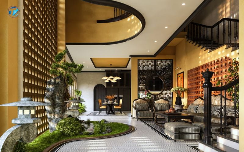 Phòng khách Indochine kết hợp nội thất gỗ và họa tiết truyền thống.